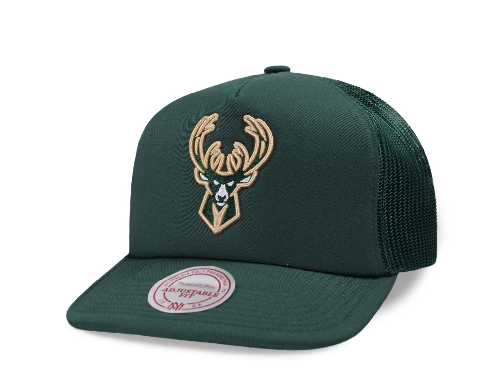 Mitchell & Ness Milwaukee Bucks Green Trucker Adjustable Fit Snapback Cap